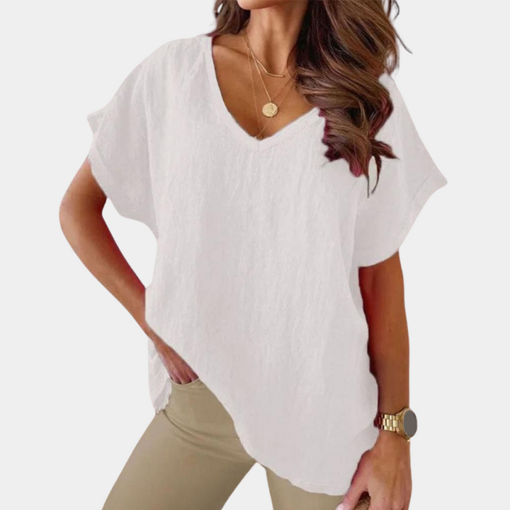 Lightweight V-neck linen blouse with a loose fit – Mailin-White-S-The Livary