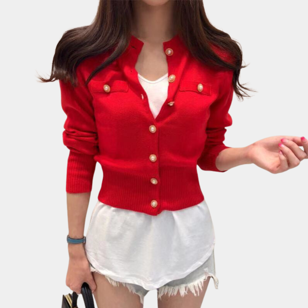 Classic Knitted Women's Cardigan with Button Closure - Eloise-Red-The Livary