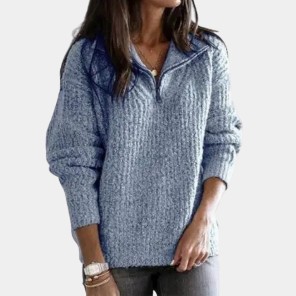 Comfortable Ladies' Sweater with Half Zip - Sofia-Blue-XS-The Livary