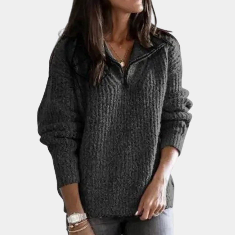 Comfortable Ladies' Sweater with Half Zip - Sofia-Dark grey-XS-The Livary
