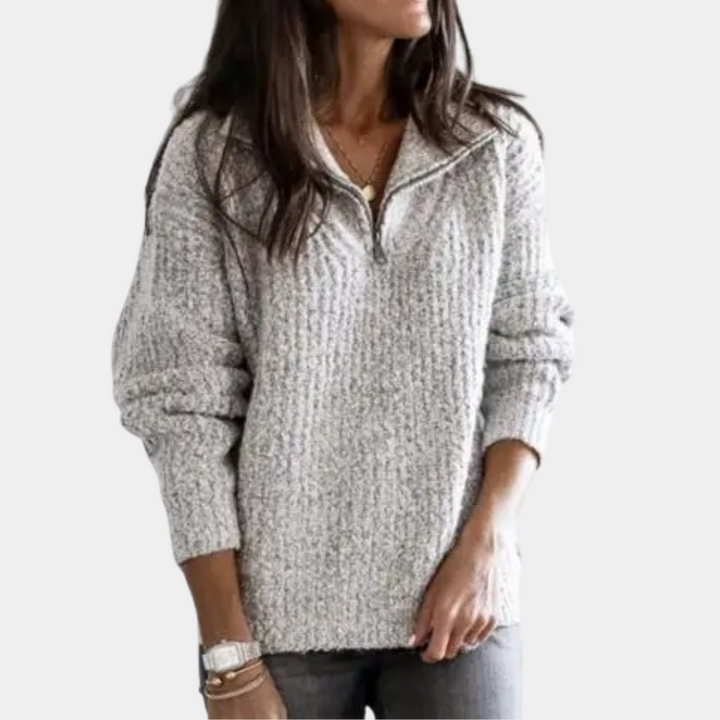 Comfortable Ladies' Sweater with Half Zip - Sofia-Grey-XS-The Livary