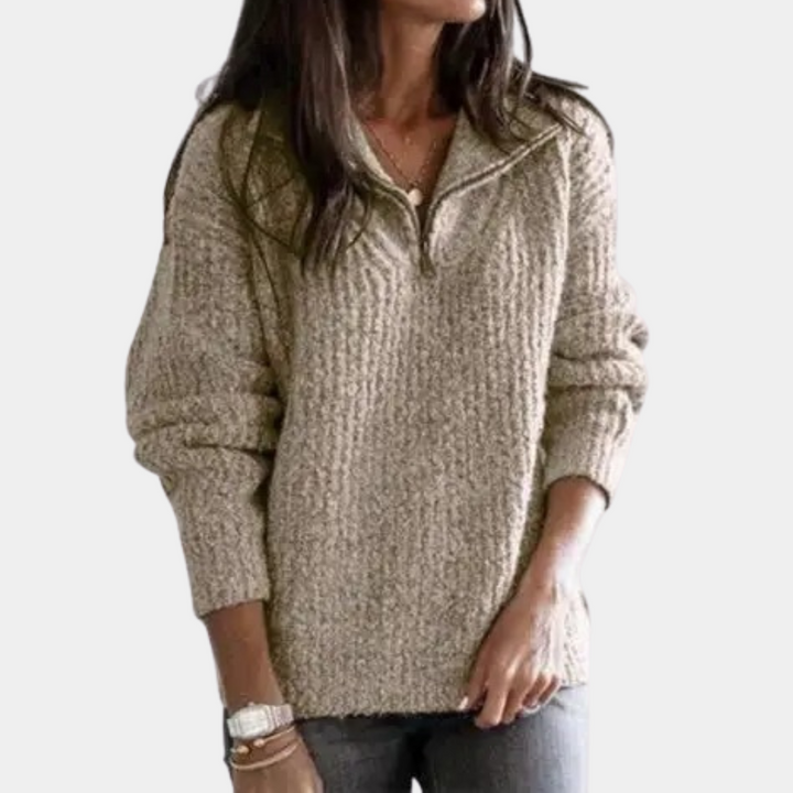 Comfortable Ladies' Sweater with Half Zip - Sofia-Khaki-XS-The Livary