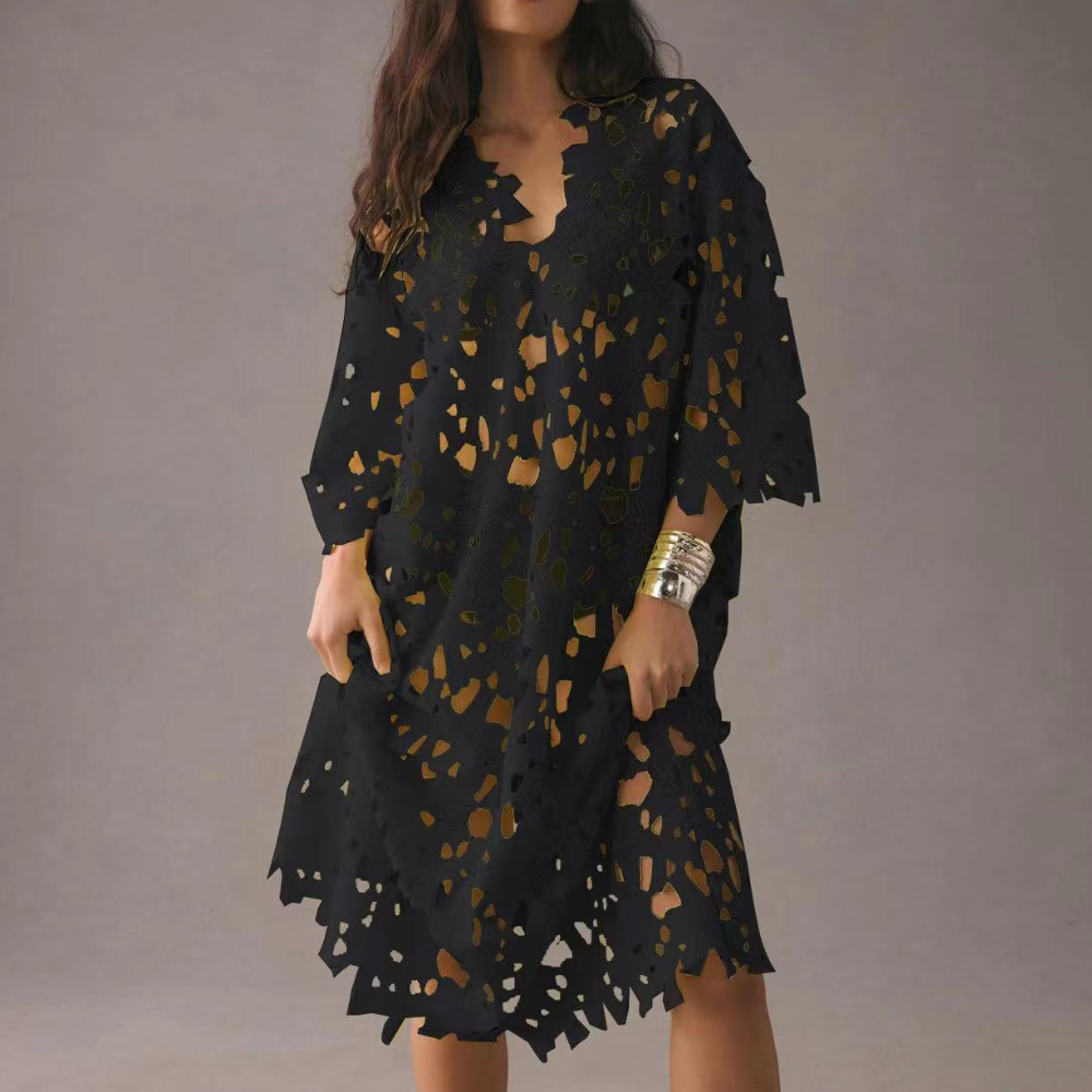 Chic Midi Dress with Embroidered Details - Isla-Black-XS-The Livary
