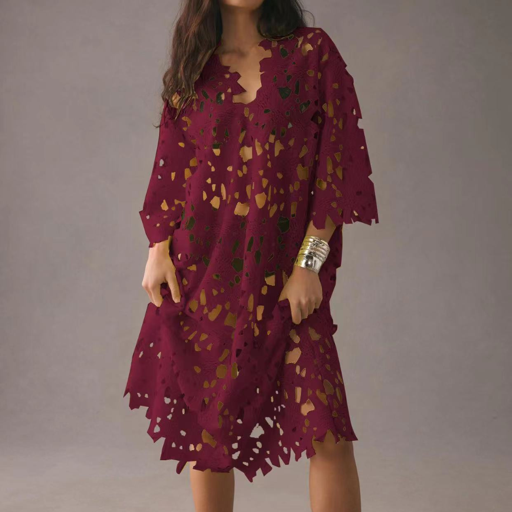 Chic Midi Dress with Embroidered Details - Isla-Bordeaux red-XS-The Livary