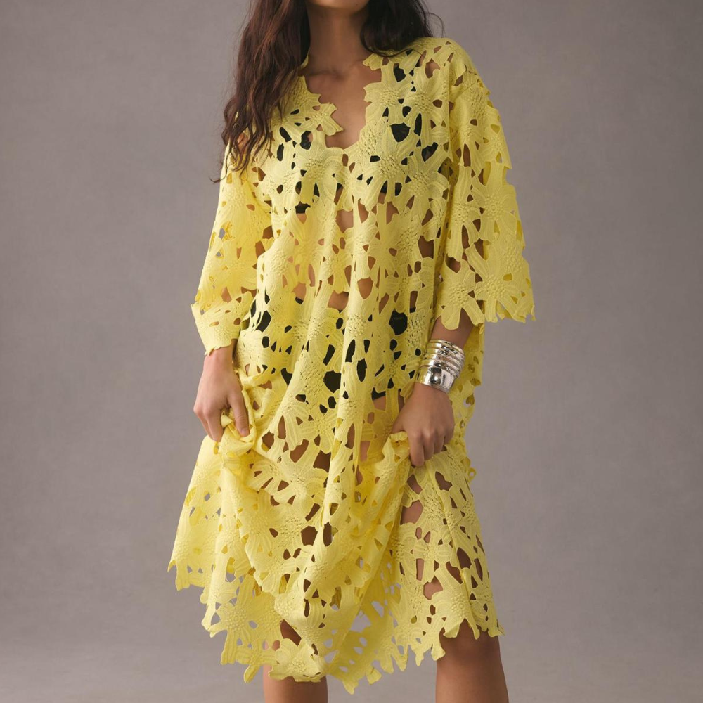 Chic Midi Dress with Embroidered Details - Isla-Yellow-XS-The Livary