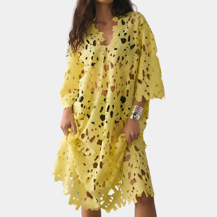 Chic Midi Dress with Embroidered Details - Isla-Yellow-XS-The Livary