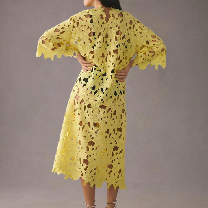 Chic Midi Dress with Embroidered Details - Isla-Yellow-XS-The Livary