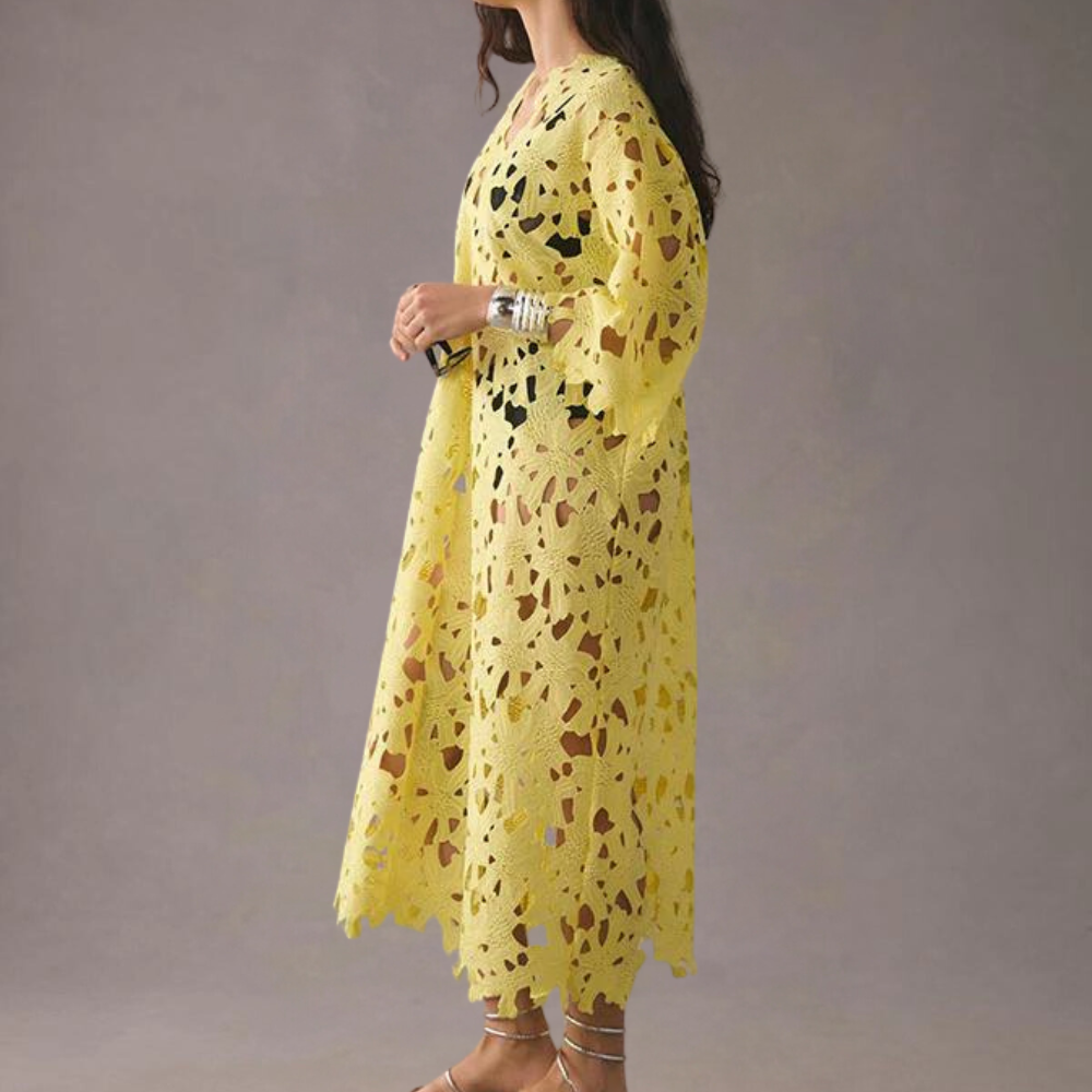Chic Midi Dress with Embroidered Details - Isla-Yellow-XS-The Livary
