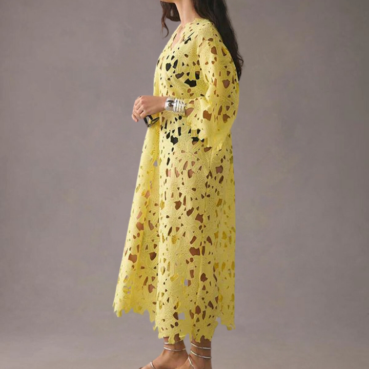 Chic Midi Dress with Embroidered Details - Isla-Yellow-XS-The Livary