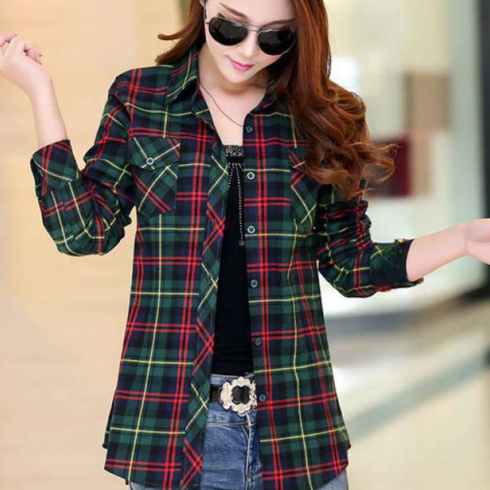 Fashionable Blouse with Check Pattern - Sienna-Green-XS-The Livary