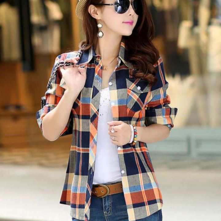 Fashionable Blouse with Check Pattern - Sienna-Orange-XS-The Livary