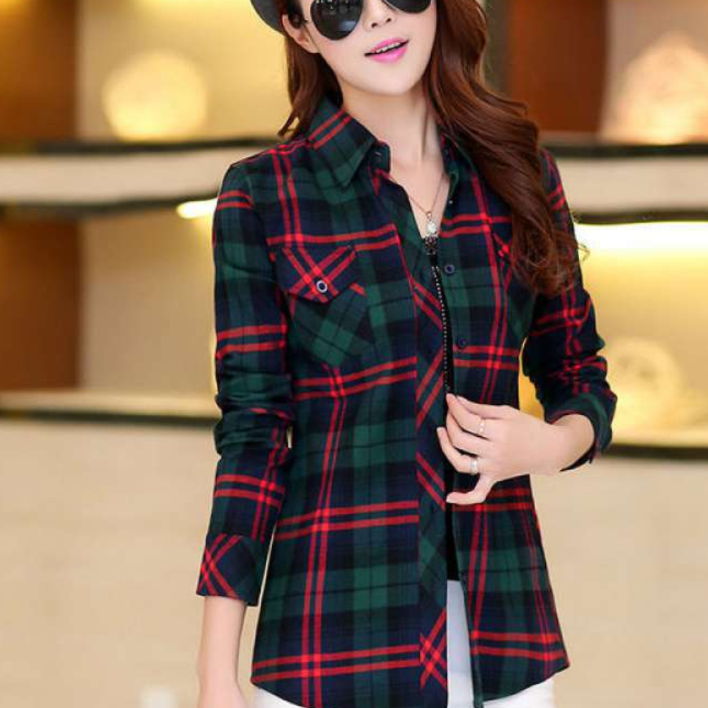 Fashionable Blouse with Check Pattern - Sienna-Red-XS-The Livary