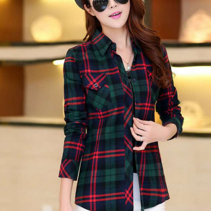 Fashionable Blouse with Check Pattern - Sienna-Red-XS-The Livary