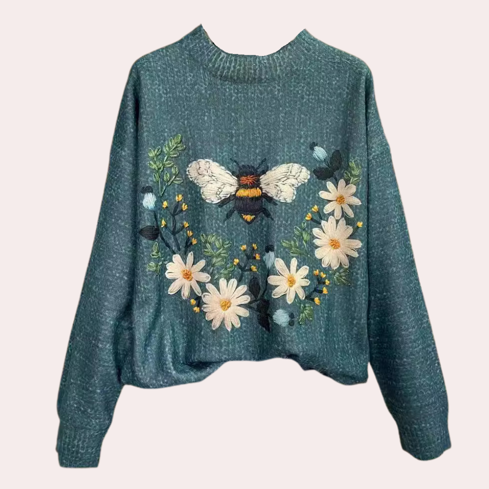 Cheerful Women's Sweater with Floral Print - Fleur-Blue-XS-The Livary