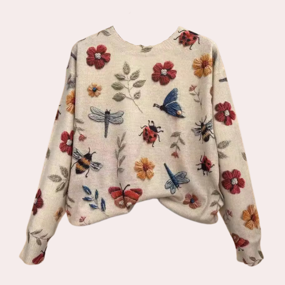 Cheerful Women's Sweater with Floral Print - Fleur-White-XS-The Livary