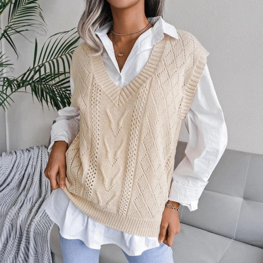Knitted Sweater Vest with V-Neck for Women - Isabelle-Apricot-XS-The Livary