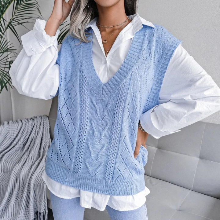 Knitted Sweater Vest with V-Neck for Women - Isabelle-Blue-XS-The Livary