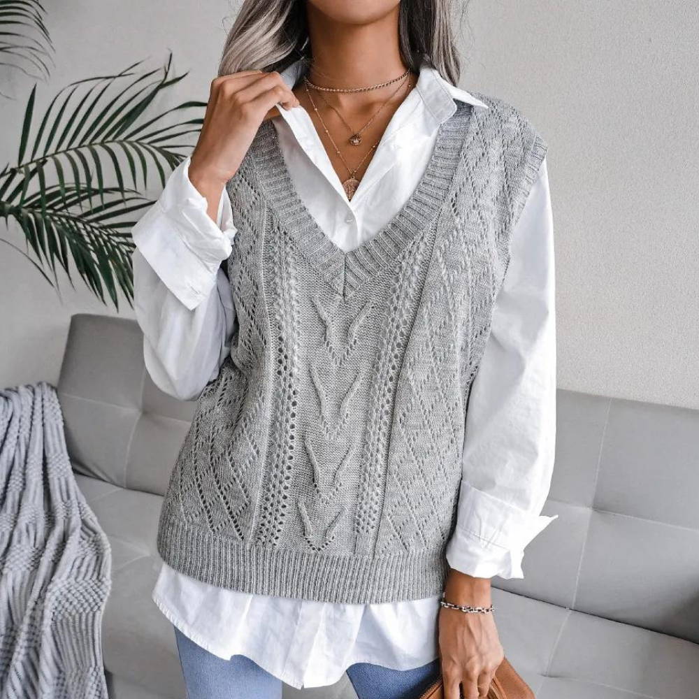 Knitted Sweater Vest with V-Neck for Women - Isabelle-Grey-XS-The Livary