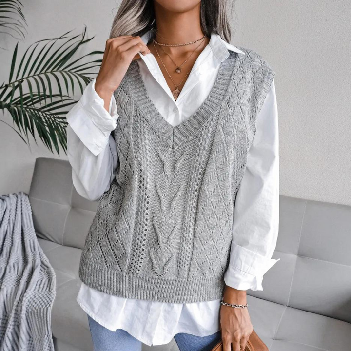 Knitted Sweater Vest with V-Neck for Women - Isabelle-Grey-XS-The Livary