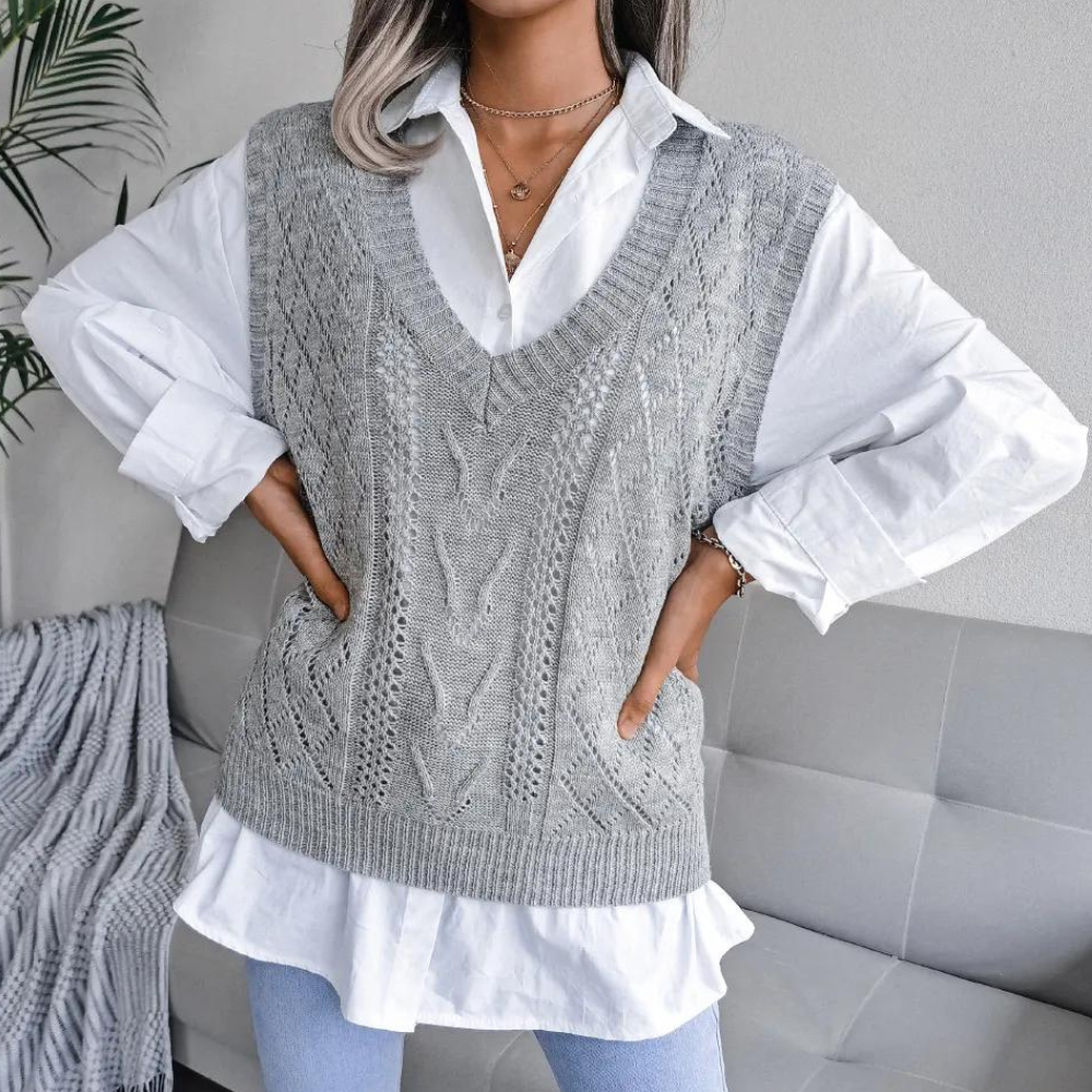 Knitted Sweater Vest with V-Neck for Women - Isabelle-Blue-XS-The Livary