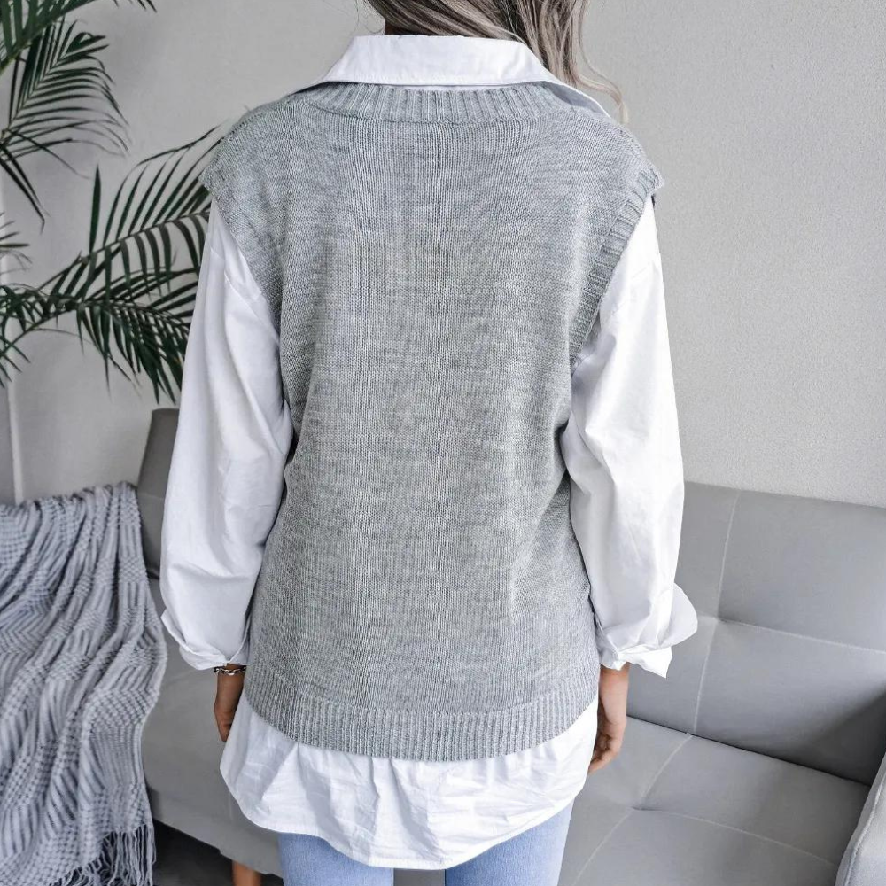 Knitted Sweater Vest with V-Neck for Women - Isabelle-Blue-XS-The Livary