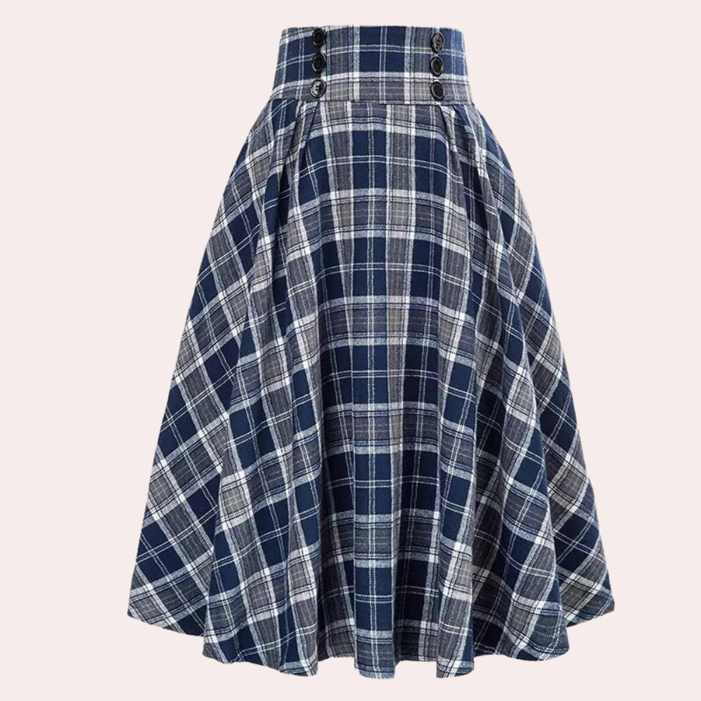 Stylish High-Waist A-Line Skirt with Check Pattern - Maëlle-Blue-XS-The Livary