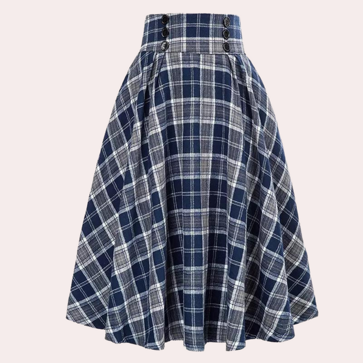 Stylish High-Waist A-Line Skirt with Check Pattern - Maëlle-Blue-XS-The Livary