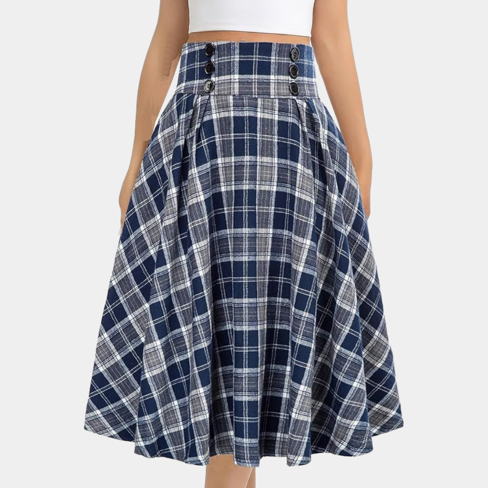 Stylish High-Waist A-Line Skirt with Check Pattern - Maëlle-Brown-XS-The Livary