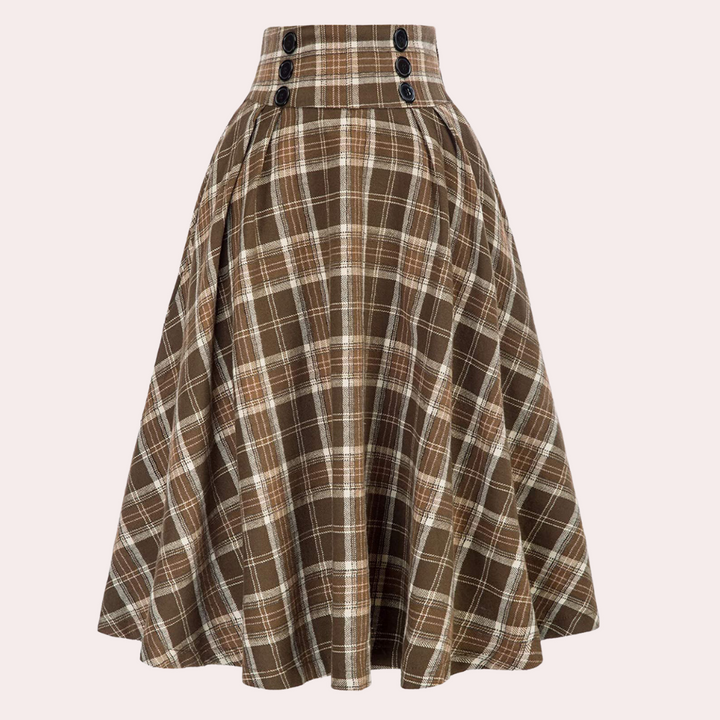 Stylish High-Waist A-Line Skirt with Check Pattern - Maëlle-Brown-XS-The Livary