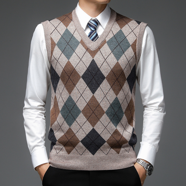 Gentlemen's Spencer with Stylish Argyle Pattern - Felix-Khaki-S-The Livary