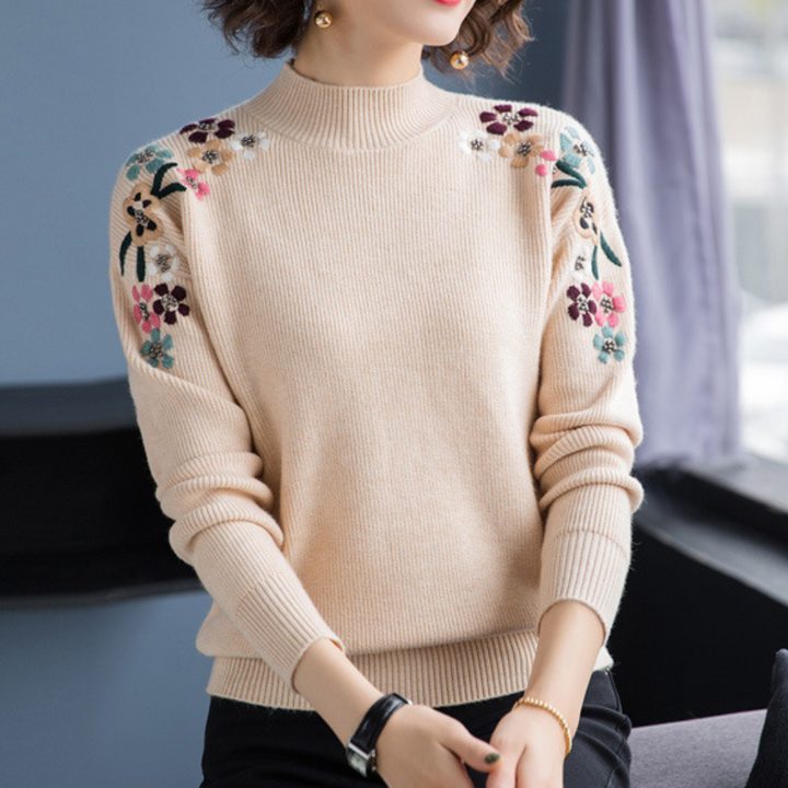 Stylish Women's Sweater with Floral Print - Isabeau-Khaki-XS-The Livary
