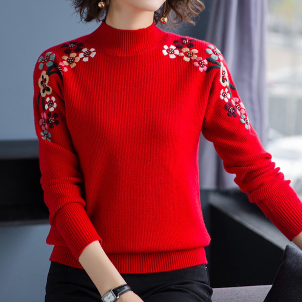 Stylish Women's Sweater with Floral Print - Isabeau-Red-XS-The Livary