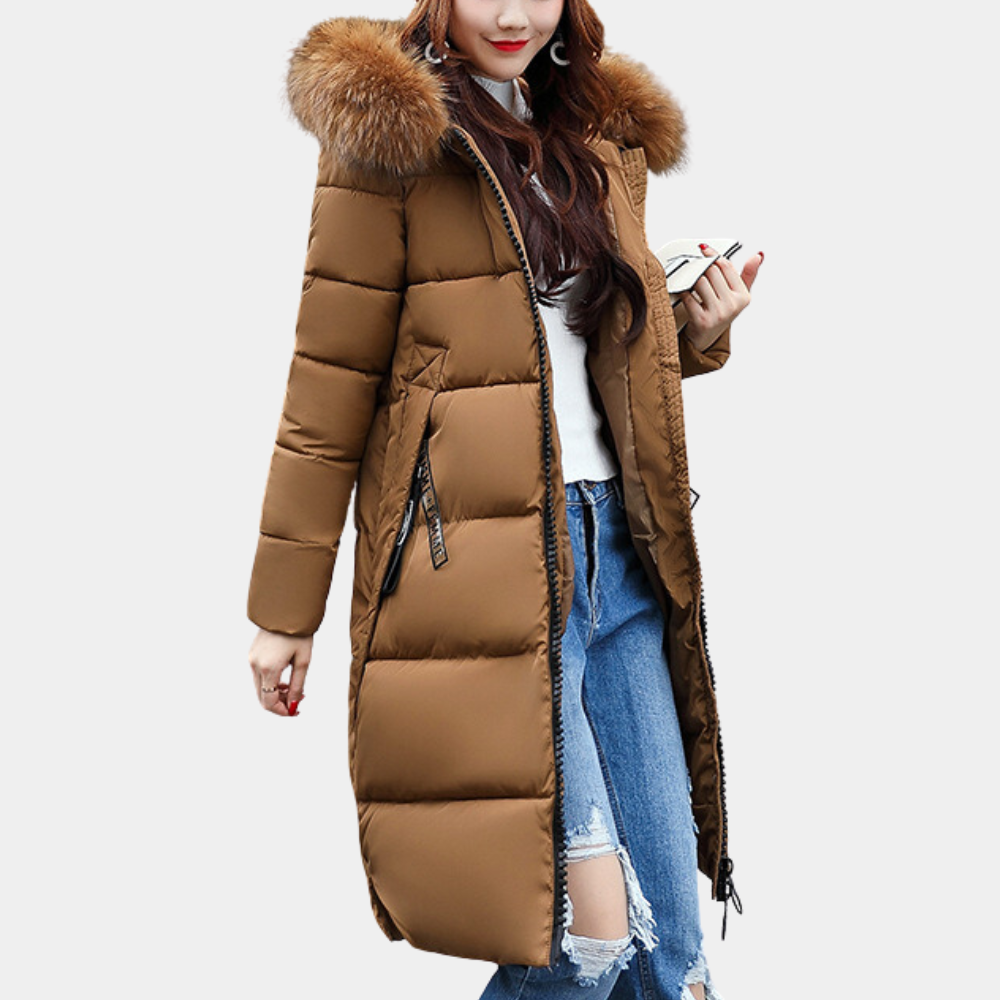 Warm Ladies Puffer Jacket with Hood - Livia-Brown-XS-The Livary