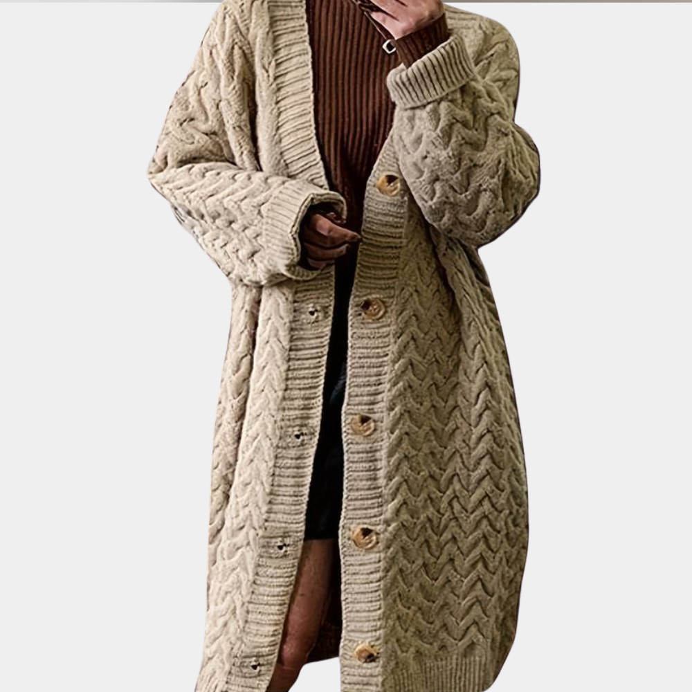 Oversized Long Knitted Women's Cardigan - Noémie-Khaki-XS-The Livary