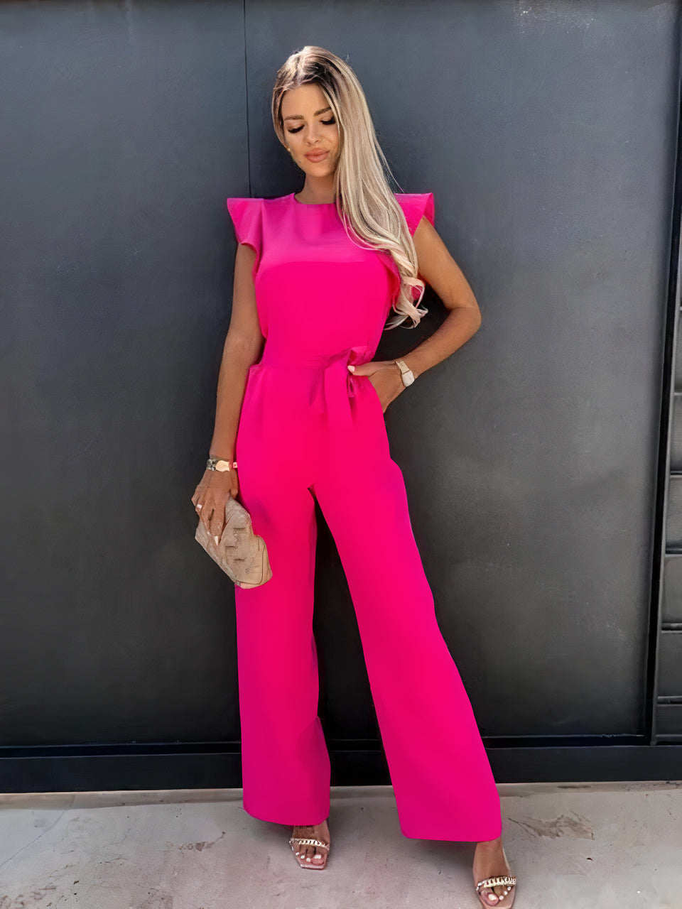 Jumpsuit with Short Sleeves and Belt - Noa-Pink-S-The Livary