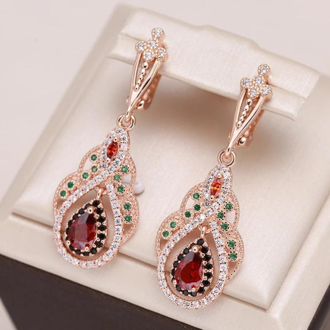 Golden Mandala Earrings with Red Zirconia - Kylie-The Livary