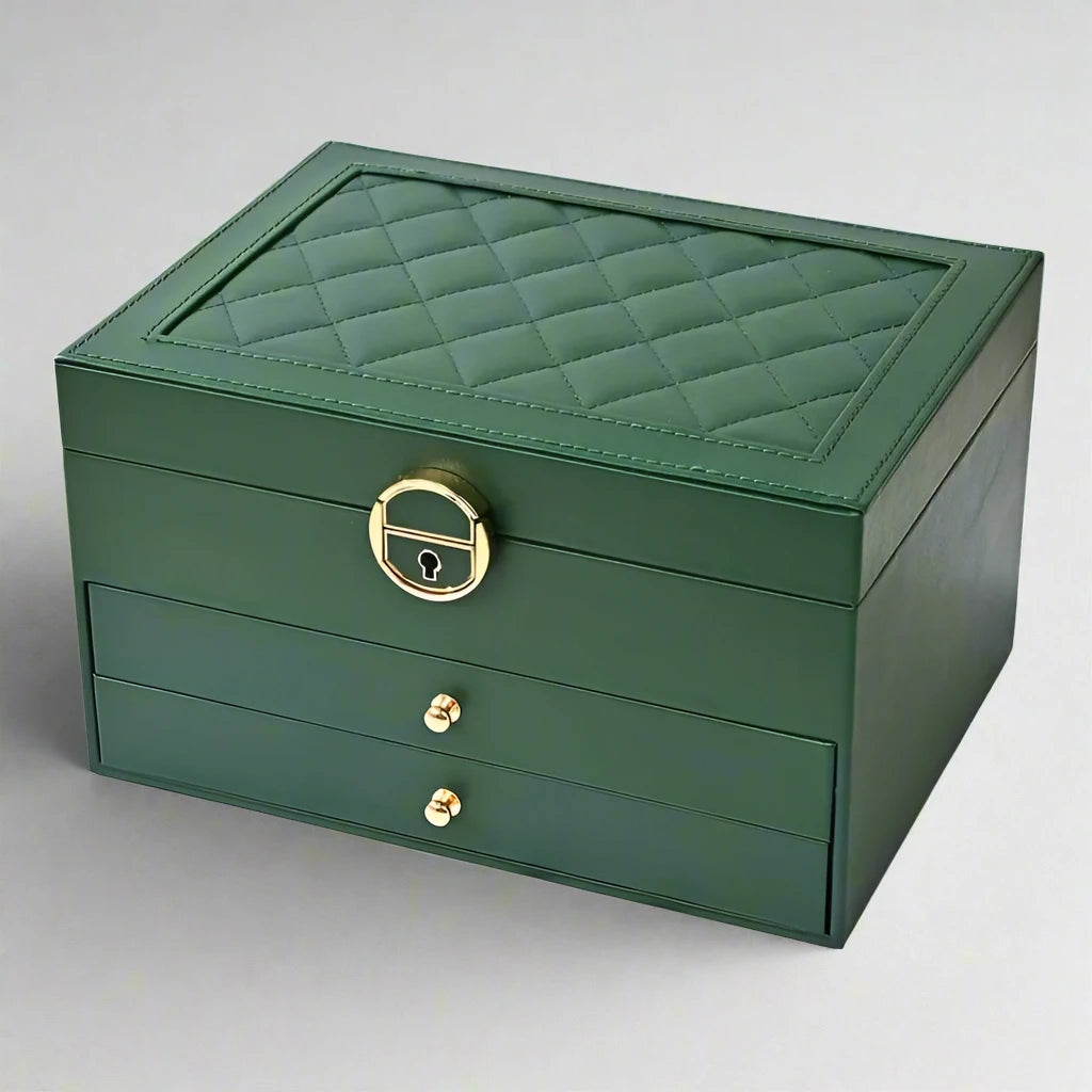 Jewellery box with multiple layers and velvet interior – Maeva-Dark green-The Livary