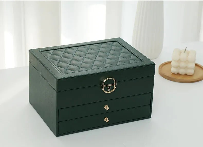 Jewellery box with multiple layers and velvet interior – Maeva-Dark green-The Livary