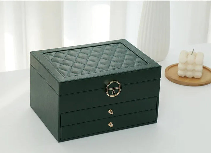 Jewellery box with multiple layers and velvet interior – Maeva-Dark green-The Livary
