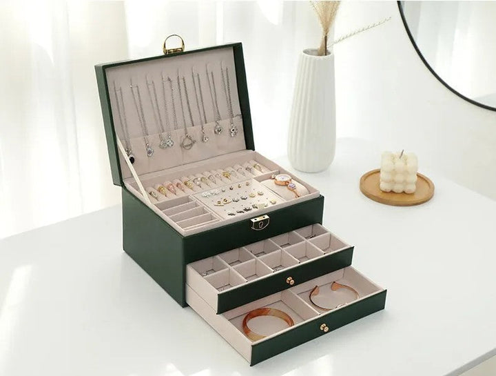 Jewellery box with multiple layers and velvet interior – Maeva-Dark green-The Livary