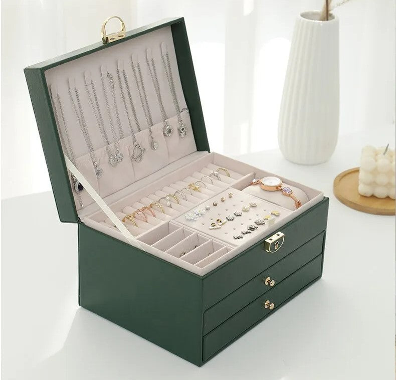 Jewellery box with multiple layers and velvet interior – Maeva-Dark green-The Livary