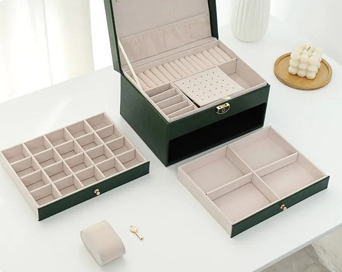 Jewellery box with multiple layers and velvet interior – Maeva-Dark green-The Livary