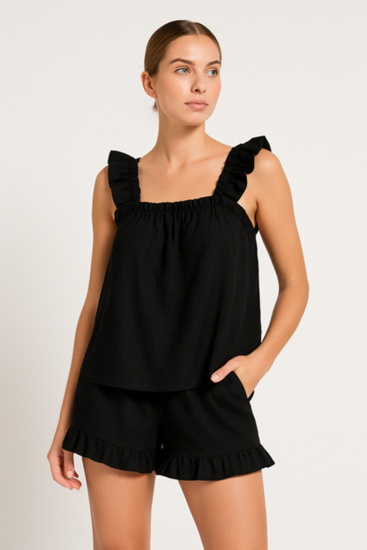 Two-piece ruffle pyjama set for summer – Nia-Black-S-The Livary