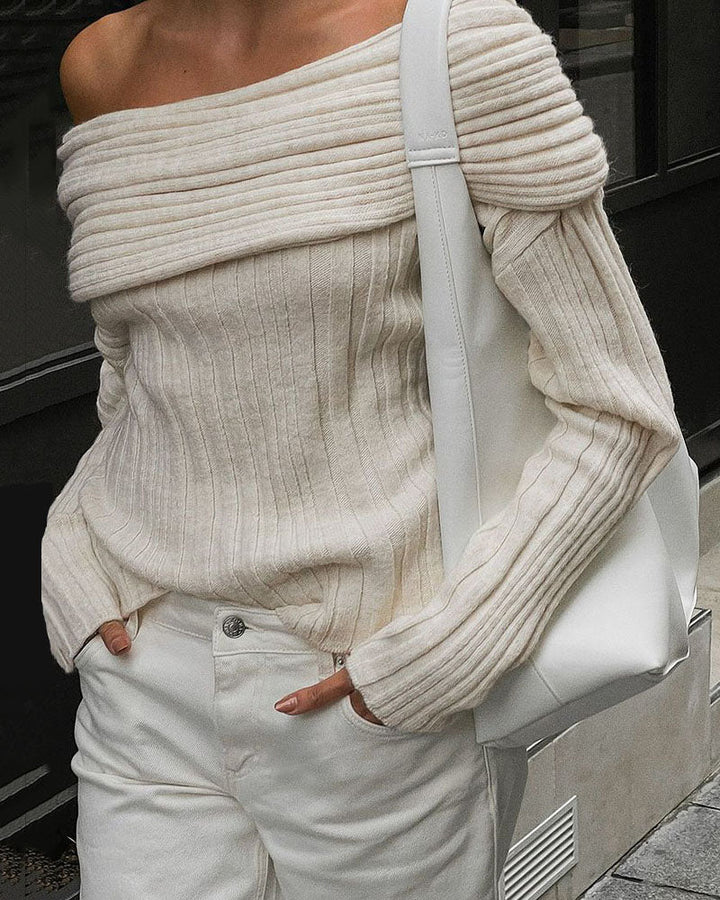 Casual Knitted Sweater with One Shoulder - LuxeOne-White-One Size-The Livary