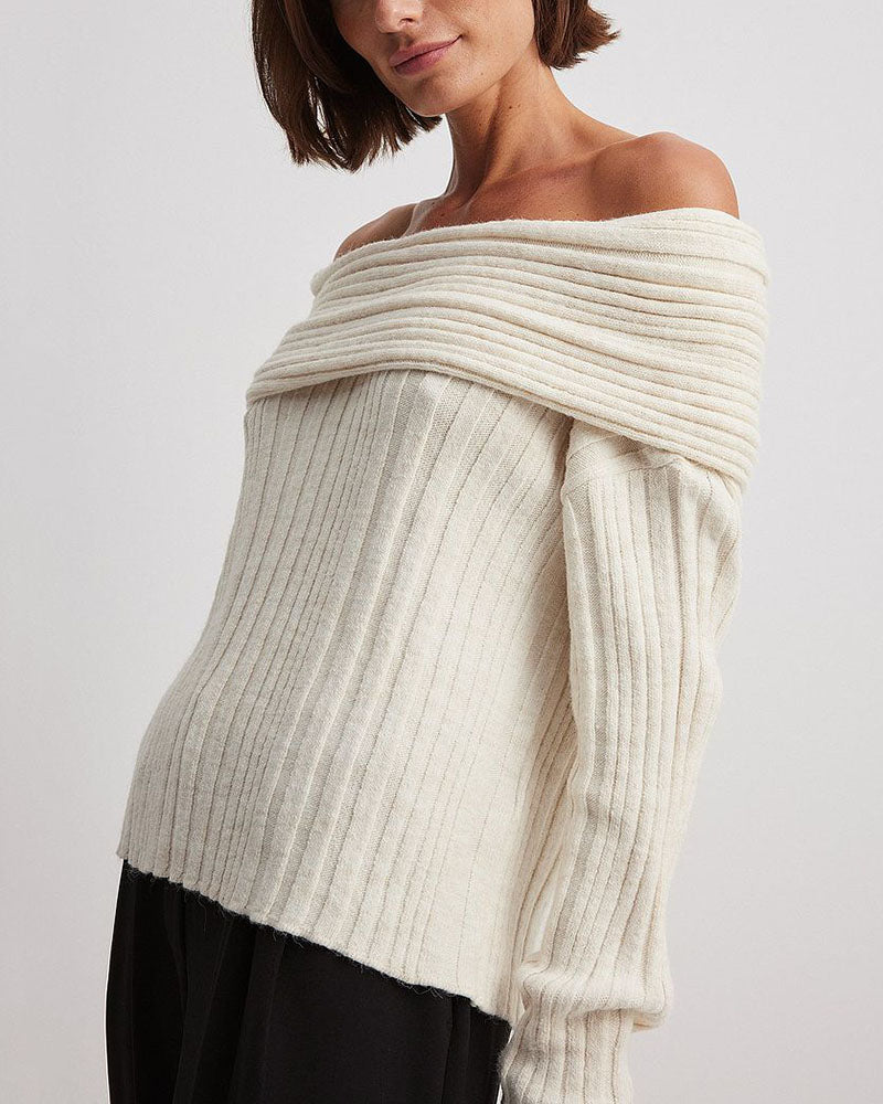 Casual Knitted Sweater with One Shoulder - LuxeOne-White-One Size-The Livary