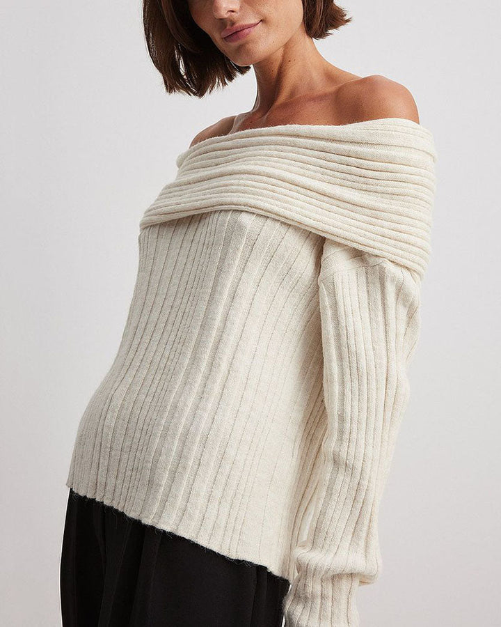Casual Knitted Sweater with One Shoulder - LuxeOne-White-One Size-The Livary