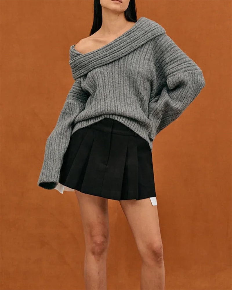Casual Knitted Sweater with One Shoulder - LuxeOne-White-One Size-The Livary