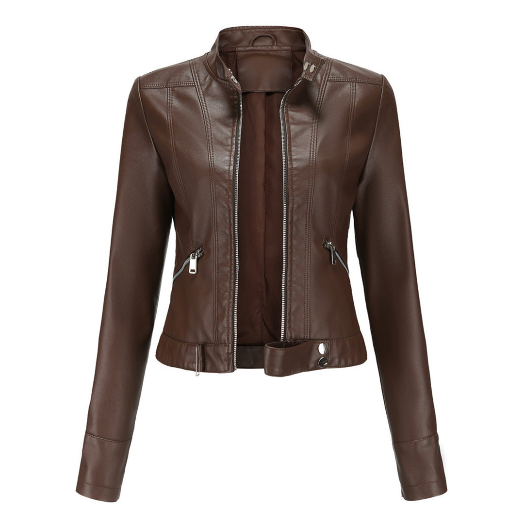 Stylish women's leather jacket in classic design – Marlene-Beige-S-The Livary