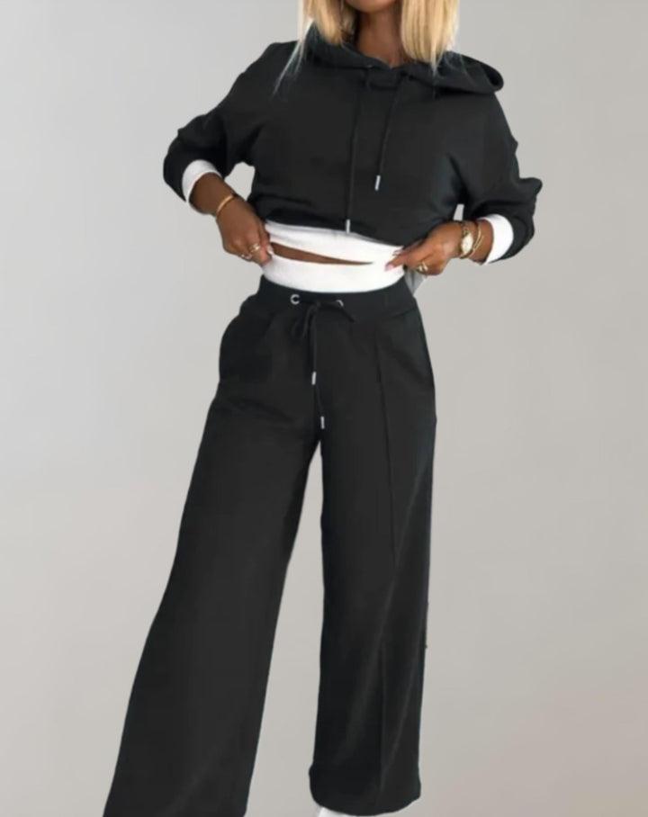 Cléo - Comfy Two-piece Set with Hoodie and Wide Trousers-Black-S-The Livary
