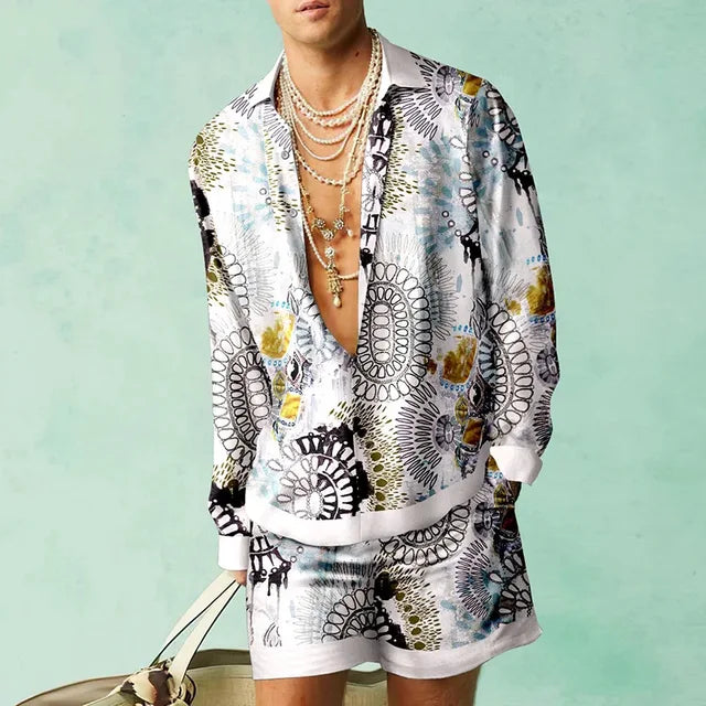 Trendy Hawaiian set with a silk look for men – Fabio-Black/White/Yellow-S-The Livary